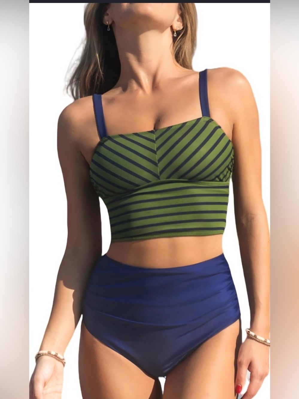 Cupshe ~ Olive Green and Navy Striped Crop Top Swim Suit - NWT - Small